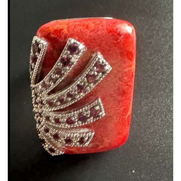 Sterling Silver & Red Coral Ring With Ruby Accents Handmade In Thailand Size 7 - Picture 1 of 6